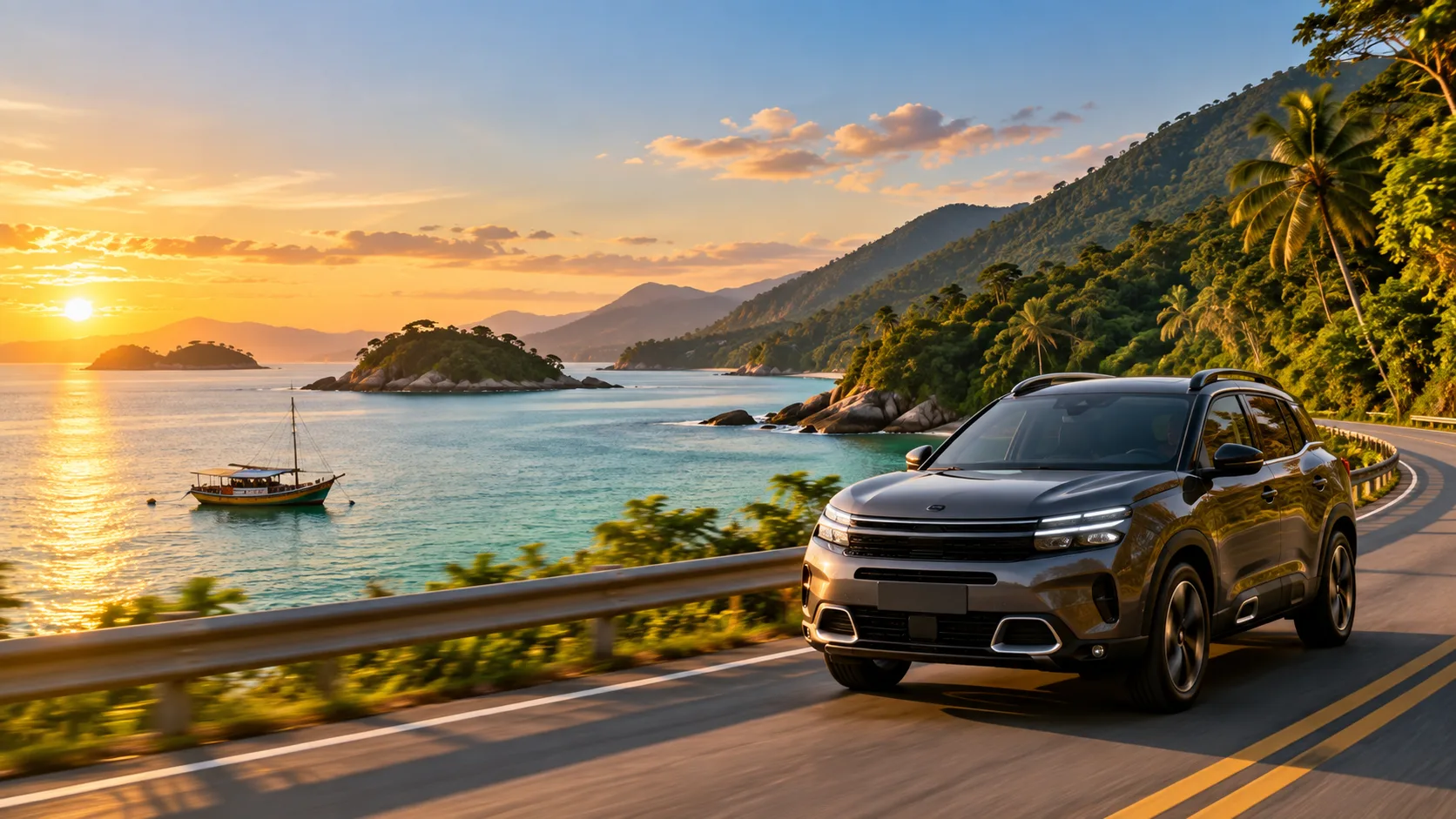 SUV na estrada Rio-Santos à beira-mar na Costa Verde